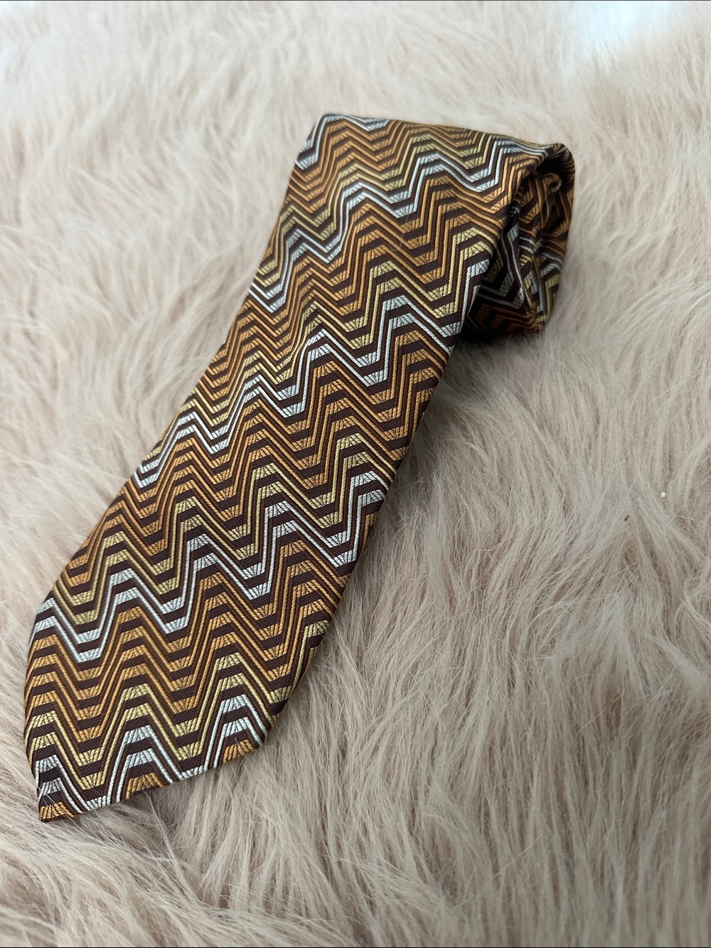 Missoni Brown, Gold and White Zigzag Silk Tie